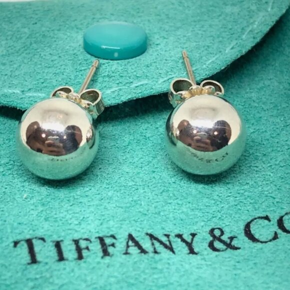 Tiffany Co Sterling Silver Hardwear Bead Ball Stud Earrings w/ Pouch